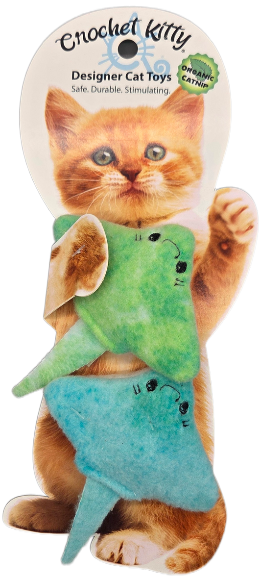 Small sting ray cat toy with a cat design packaging on a white background