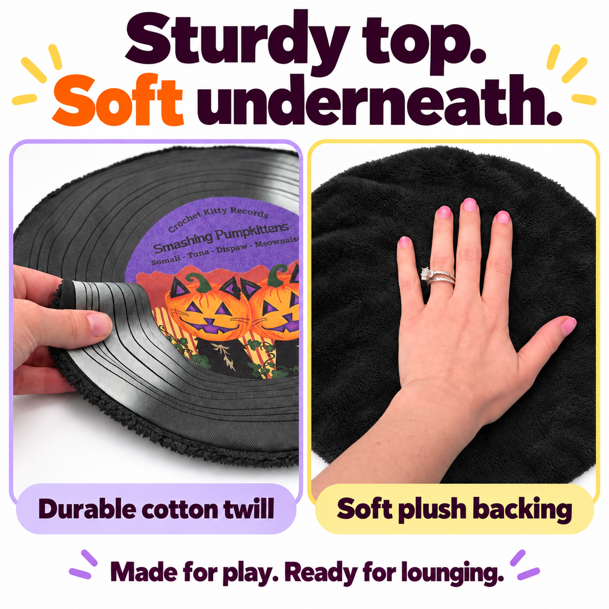 A promotional product graphic for a black novelty mat with a vinyl record design. The image shows a hand lifting the side of the rug to reveal the cotton twill weave on the left, and a hand pressing into the black plush backing on the right.