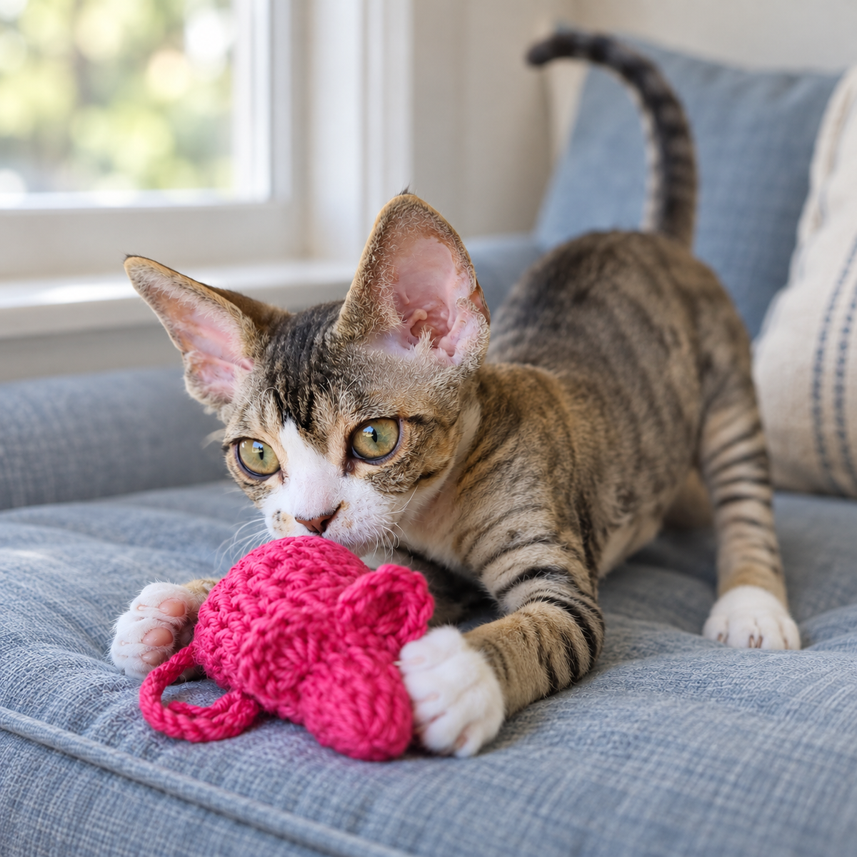 Striped kitten playing with pink crocheted mouse on a blue couch.