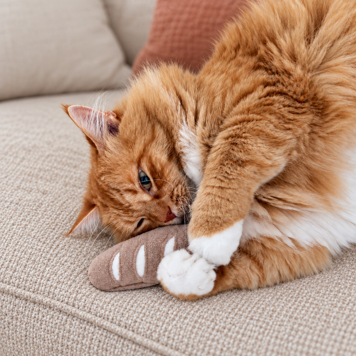 Fluffy orange cat playing with a French baguette, holding in two front paws on a beige color couch.