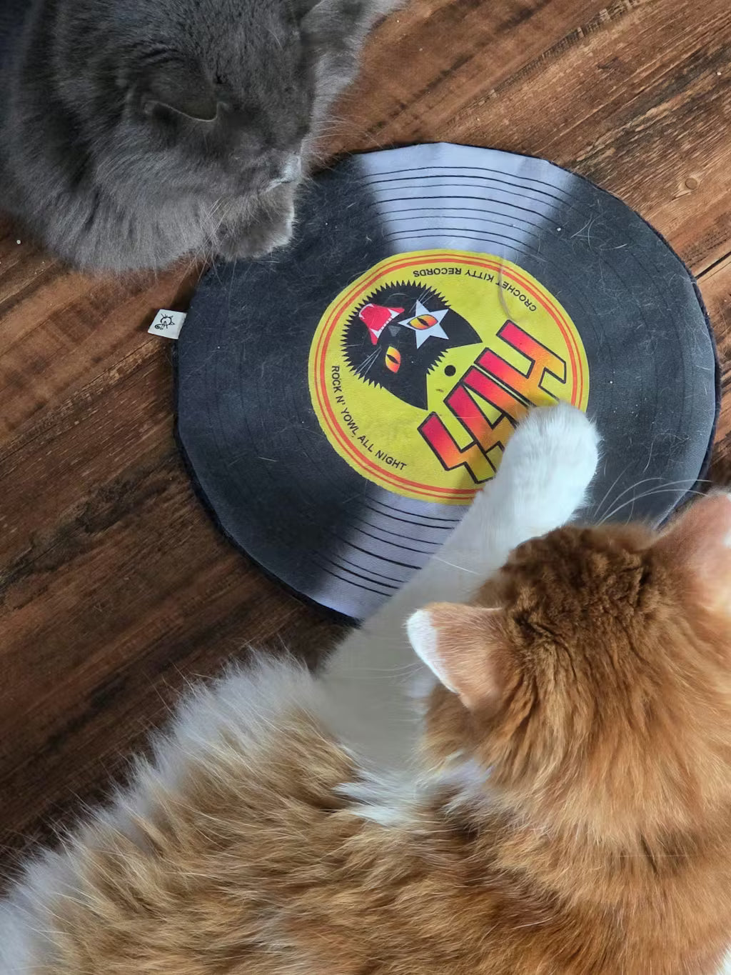Orange-and-white cat resting a paw on a Hiss catnip record mat beside a gray cat on a wooden floor.