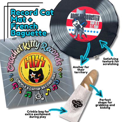 Crochet Kitty Records catnip record cat mat, and French baguette text labels on a white background.