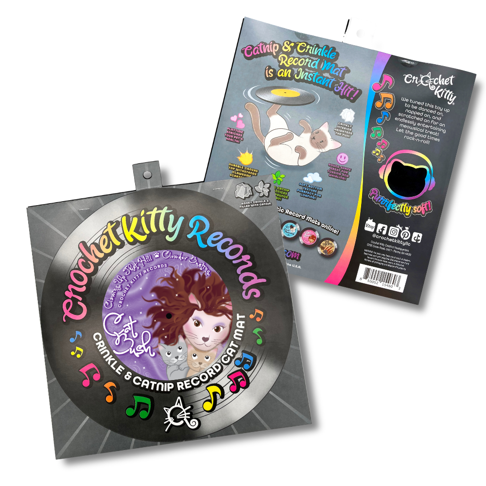 A novelty record sleeve packaging for the record cat mat. It shows the artwork of Cat Bush on the front.