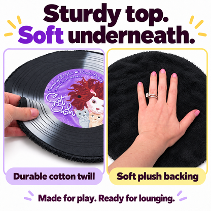 Close-ups of the Cat Bush record mat’s printed cotton twill front and soft black plush backing.