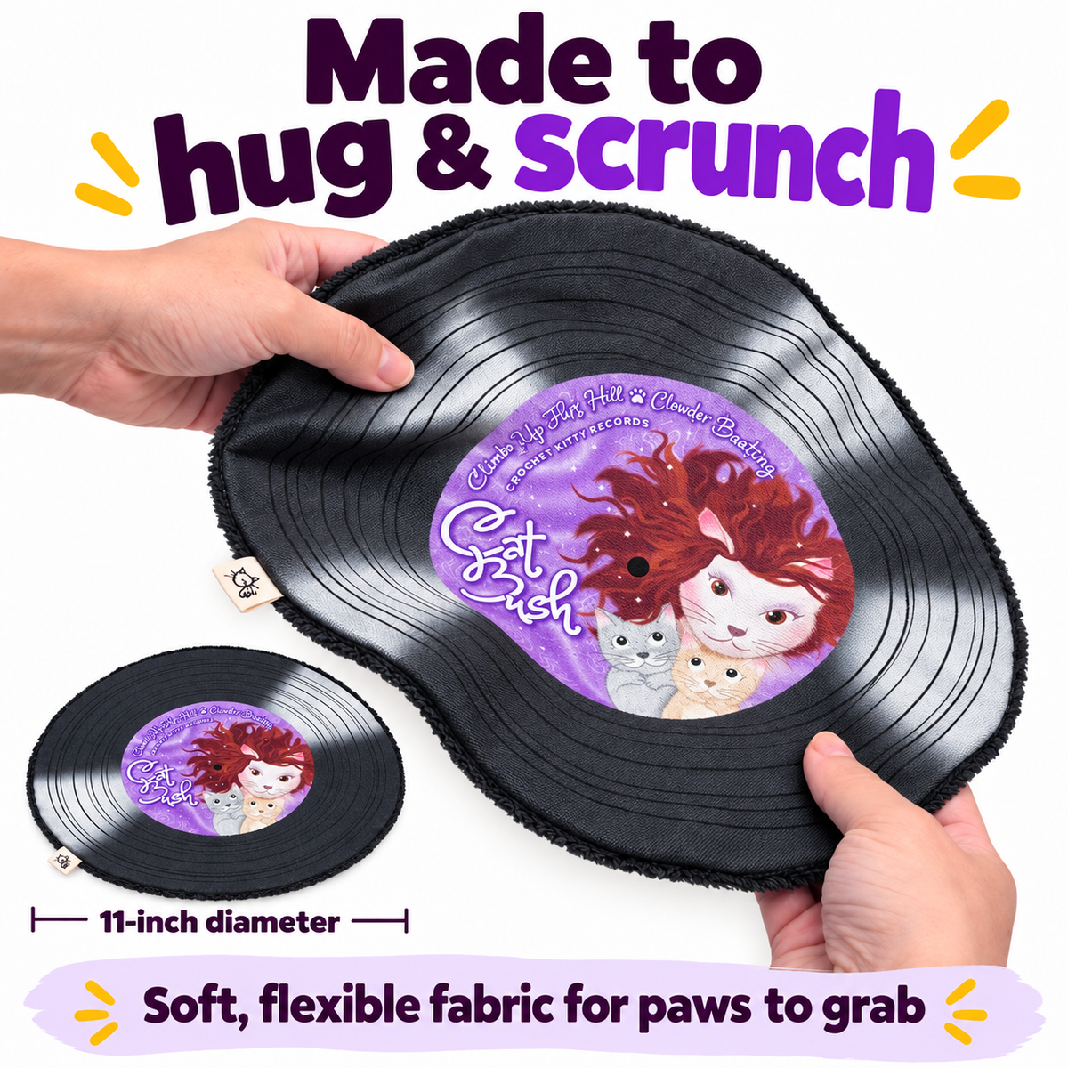 Hands bending the flexible Cat Bush catnip record mat, with an inset showing its 11-inch diameter.