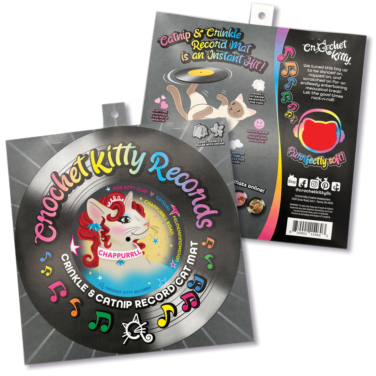 Front and back of the Chappurrll Roan catnip record mat sleeve, featuring rainbow lettering and colorful music notes.