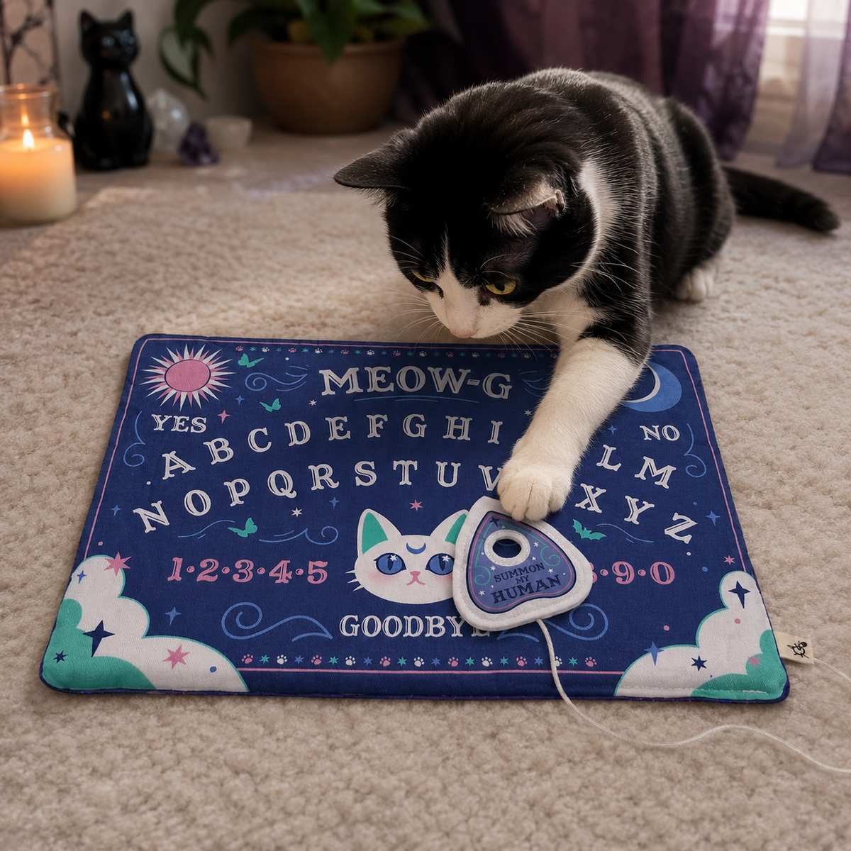 Halloween Spirit Board Cat Mat with Attached Catnip Planchette