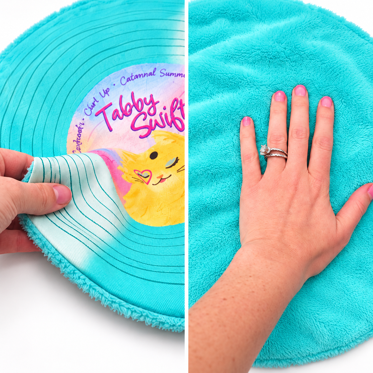 A split-screen close-up of a turquoise round plush cat toy record with printed graphic featuring a yellow cat and the words "Tabby Swift." The left panel shows a hand crinkling the record to reveal durable texture fabric of the front of the record. Then the right side of the screen shows the soft texture and a circular record backside 