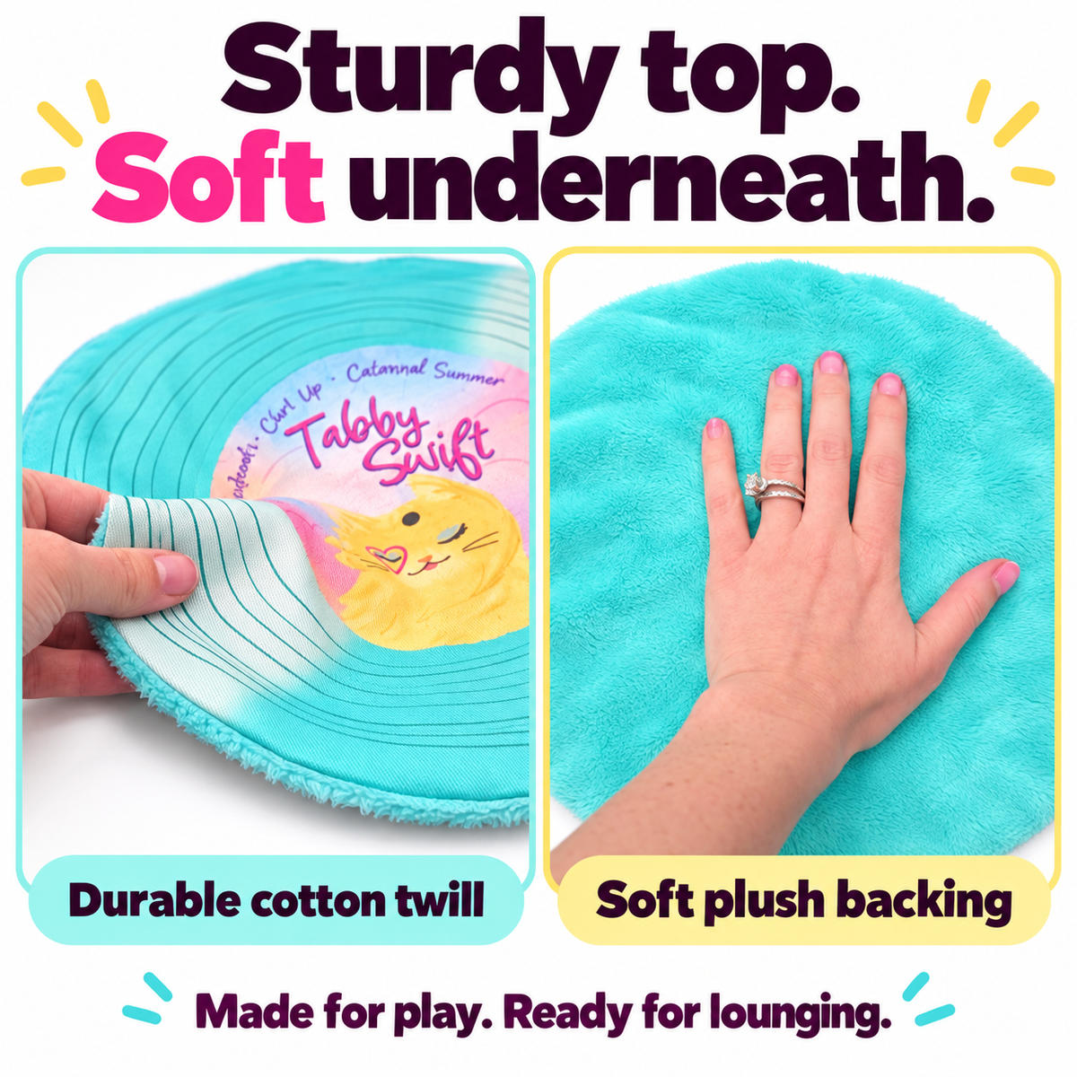 A turquoise round lounge mat shown in a split comparison graphic. The left panel shows a hand peeling back a striped cotton twill layer to reveal the inner structure, with the text 'Durable cotton twill.