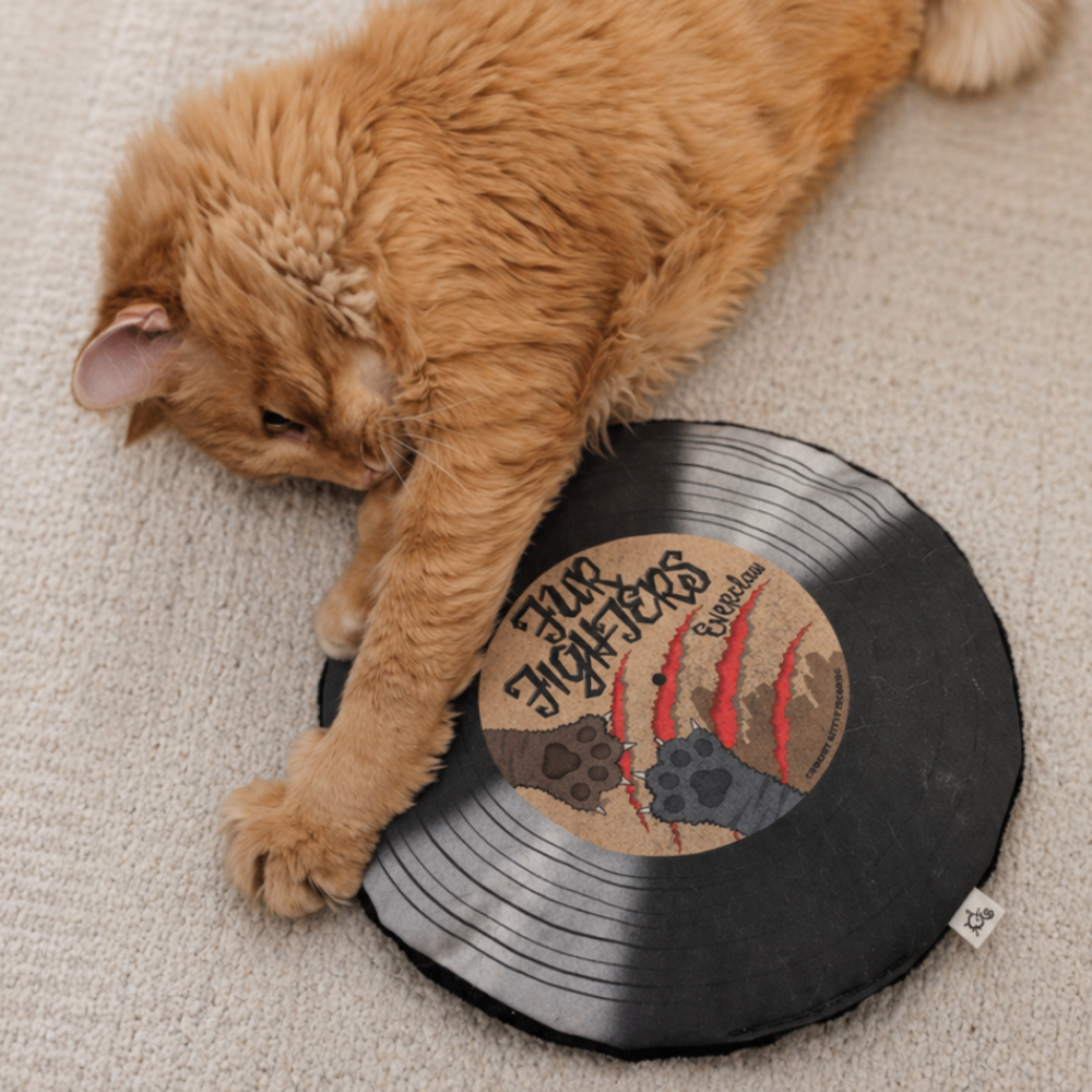 A orange fluffy cat laying on the beige carpet playing with the record cat mat that say "Fur Fighters".