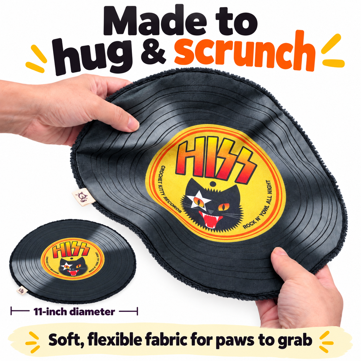 Hands bending the flexible Hiss catnip record mat, with an inset showing its 11-inch diameter.