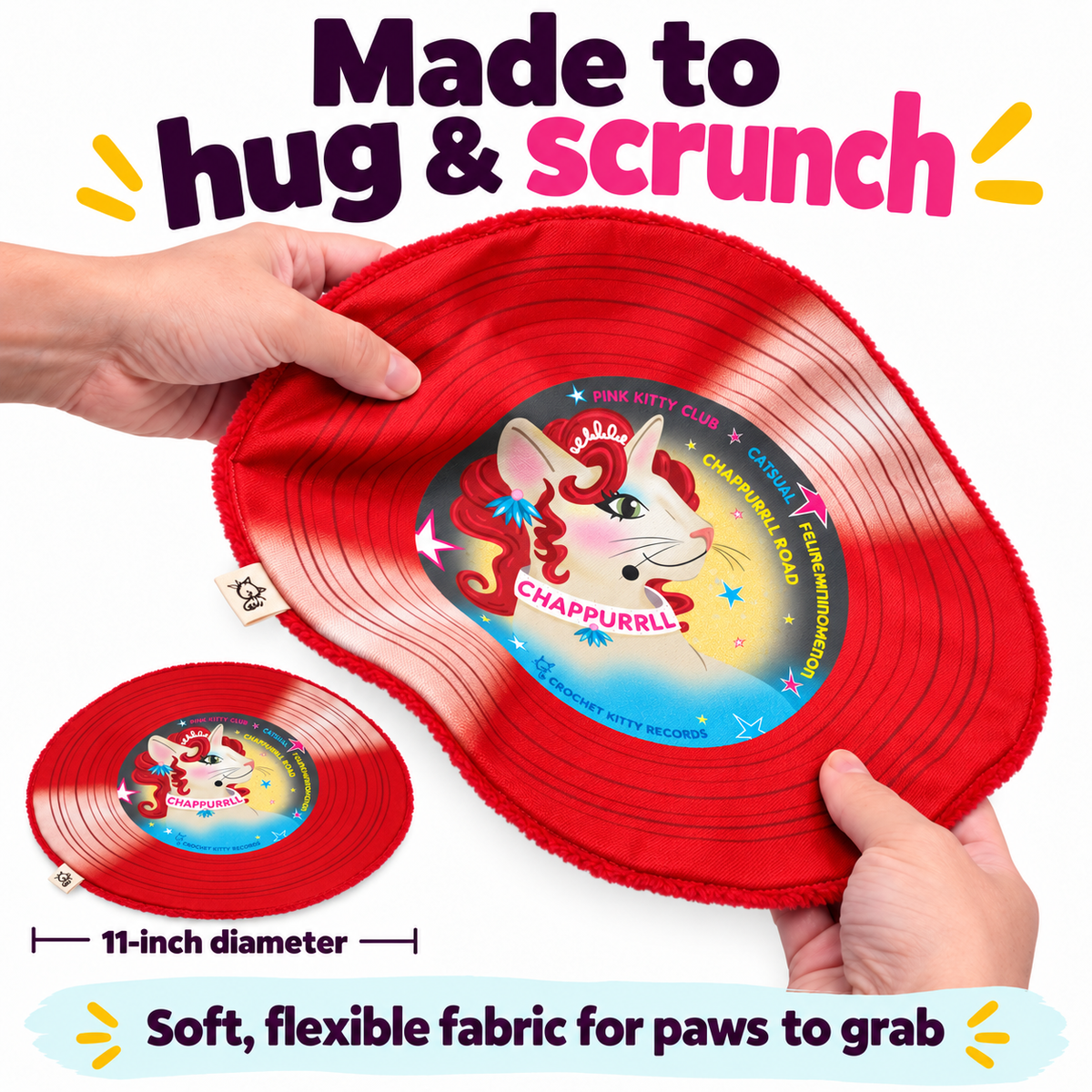 Hands bending the flexible red Chappurrll Roan catnip record mat, with an inset showing its 11-inch diameter.