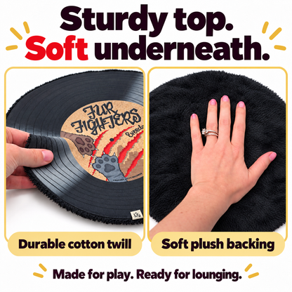 A black circular pet mat shown in a promotional graphic with text reading 'Sturdy top. Soft underneath.