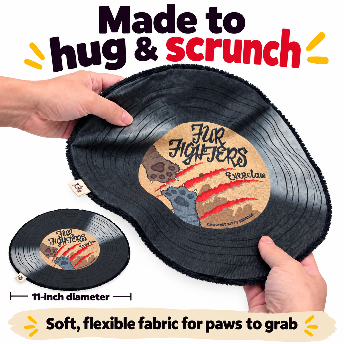 Graphic showing the record is flexible, a person is holding the record and bending it. This graphic also show a ruler with 11" inches in diameter.