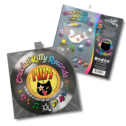 Front and back of the Hiss catnip record mat sleeve, featuring rainbow lettering and colorful music notes.