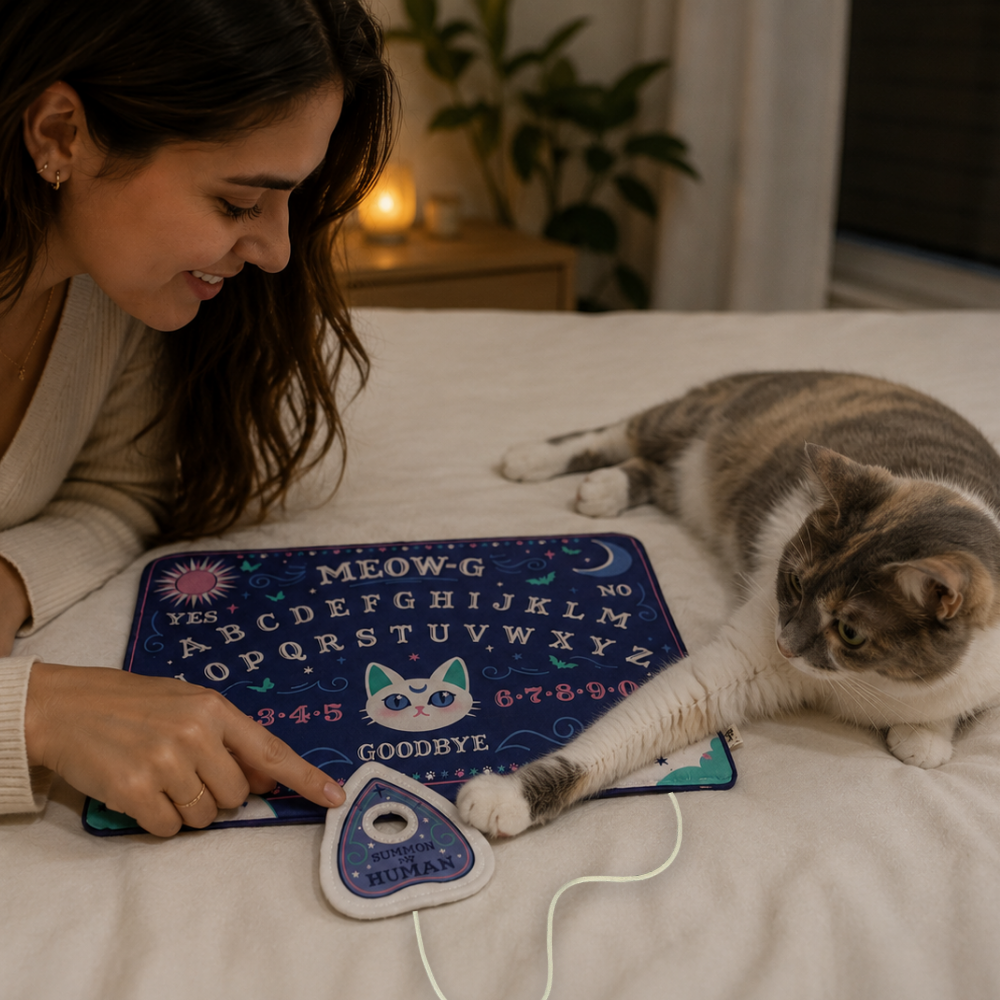 Woman playing with a cat on a mat with text and symbols