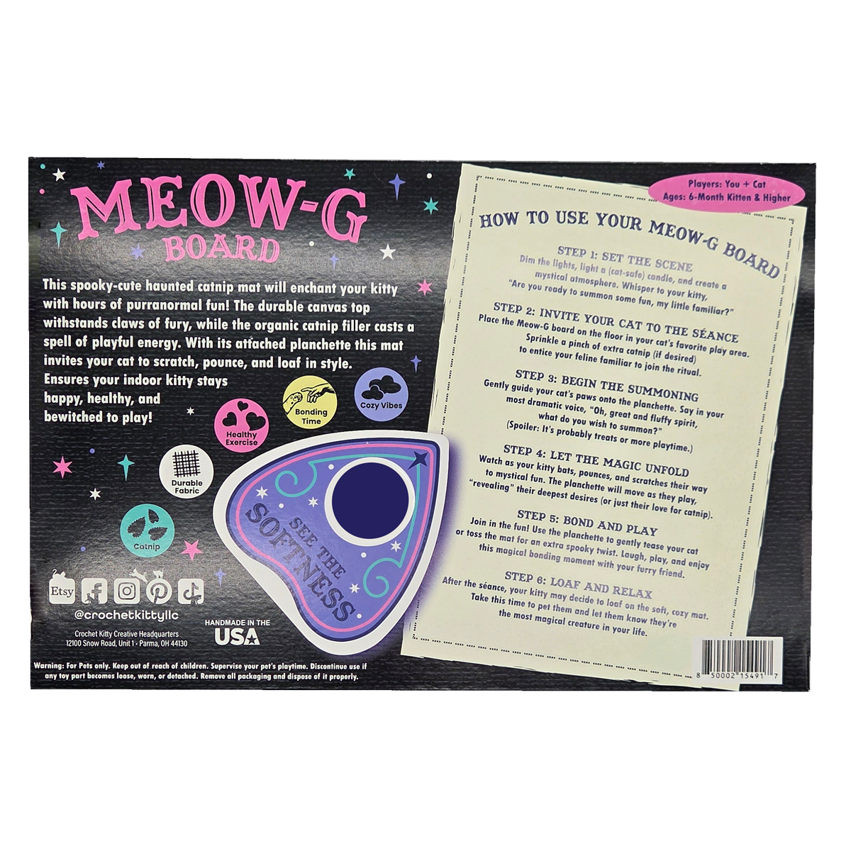 Back of a product packaging for 'MEOW-G Board' with instructions and branding.