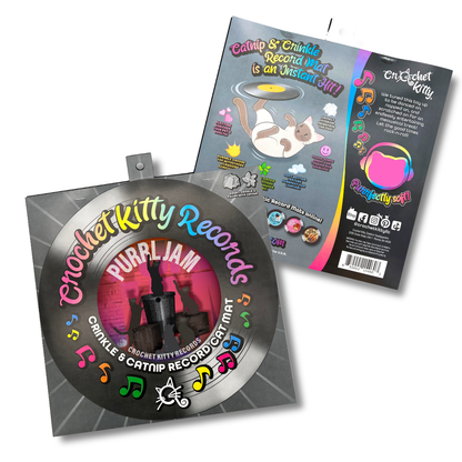 Front and back of the Purrl Jam catnip record mat sleeve, featuring rainbow lettering and colorful music notes.