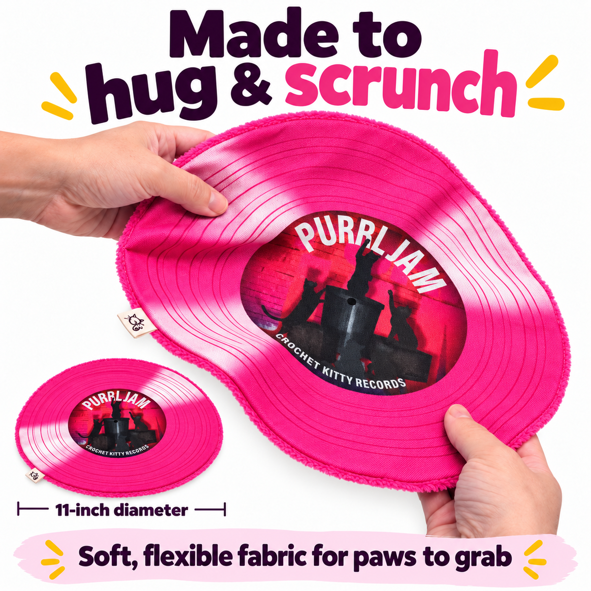 Hands bending the flexible pink Purrl Jam catnip record mat, with an inset showing its 11-inch diameter.