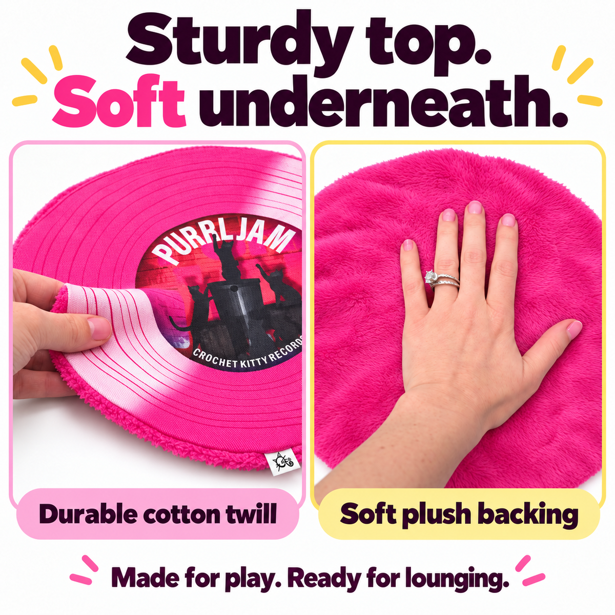 Side-by-side close-ups of the Purrl Jam record mat’s printed cotton twill front and soft pink plush backing.