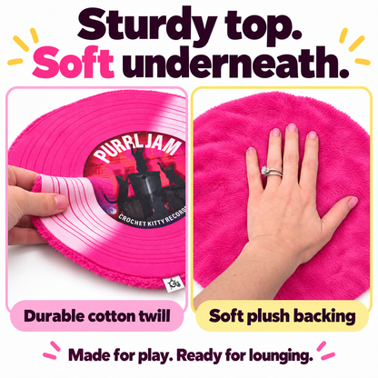 Side-by-side close-ups of the Purrl Jam record mat’s printed cotton twill front and soft pink plush backing.