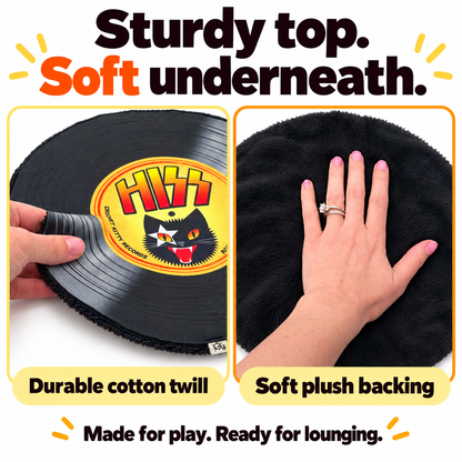 Hiss record mat showing its durable cotton twill front and soft black plush backing in side-by-side close-ups.