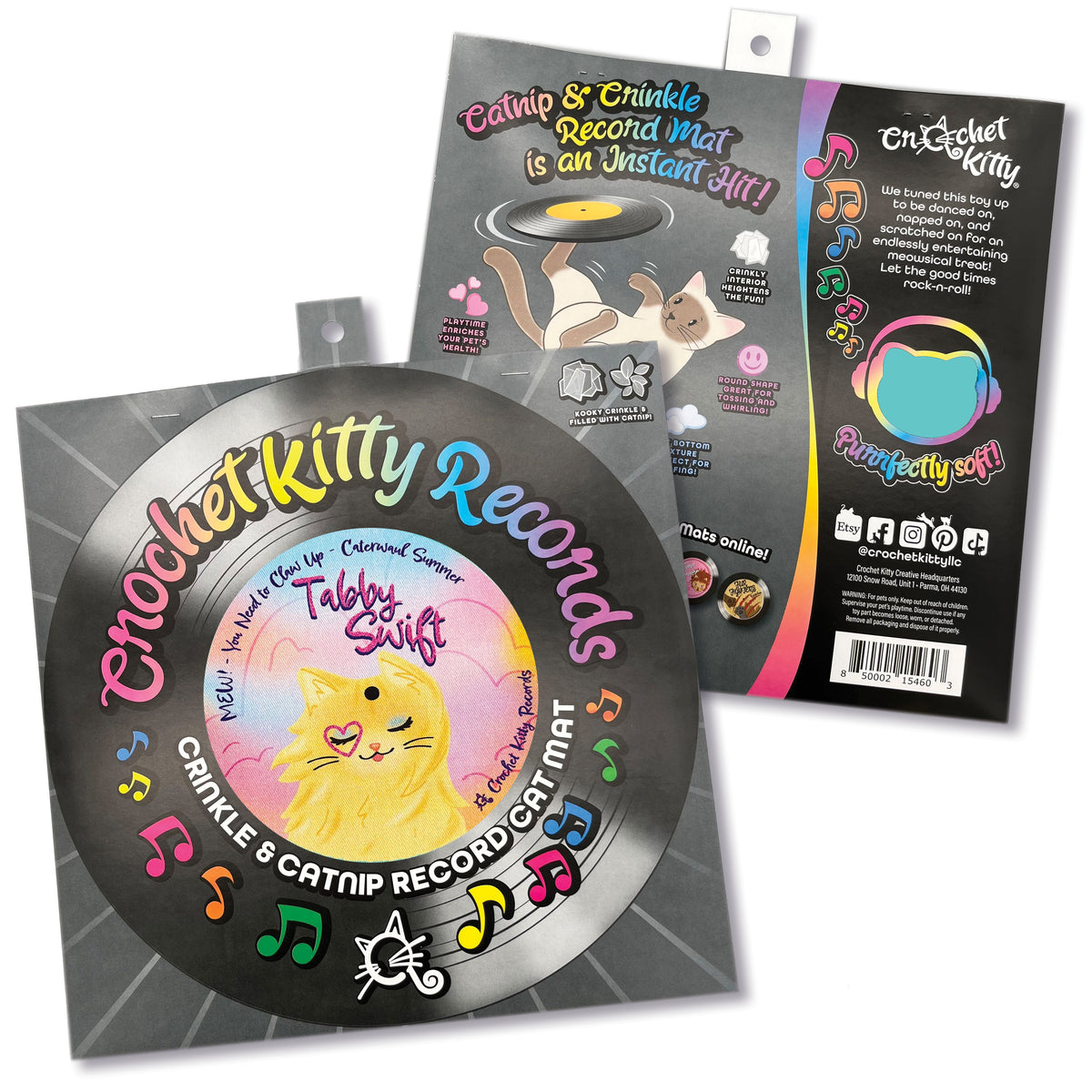 Front and back of the Tabby Swift Record Cat Mat sleeve