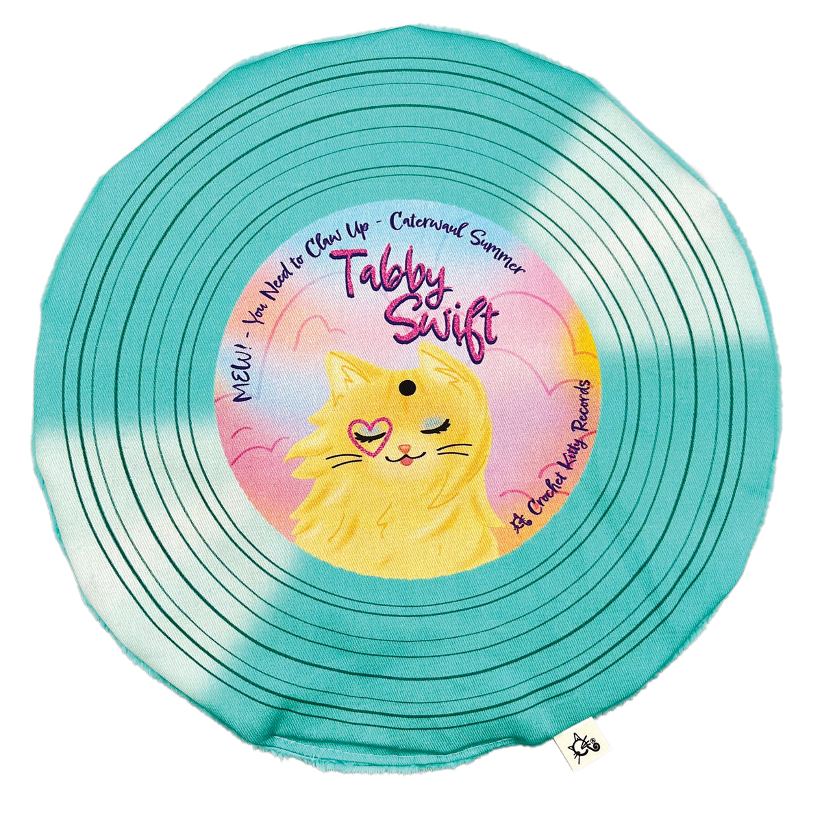 Tabby Swift turquoise record-shaped catnip mat with illustrated cat center label