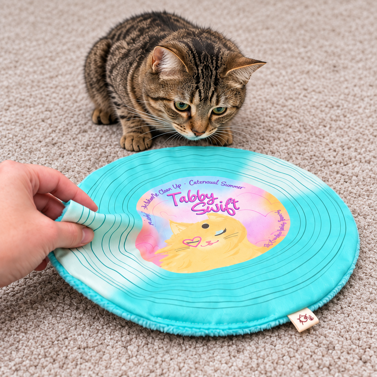 A brown tabby cat watches a turquoise circular pet toy being pulled by a human hand on a beige carpet. The toy has a vinyl-record style design with a yellow cat illustration and the words 'Tabby Swift' in the center.
