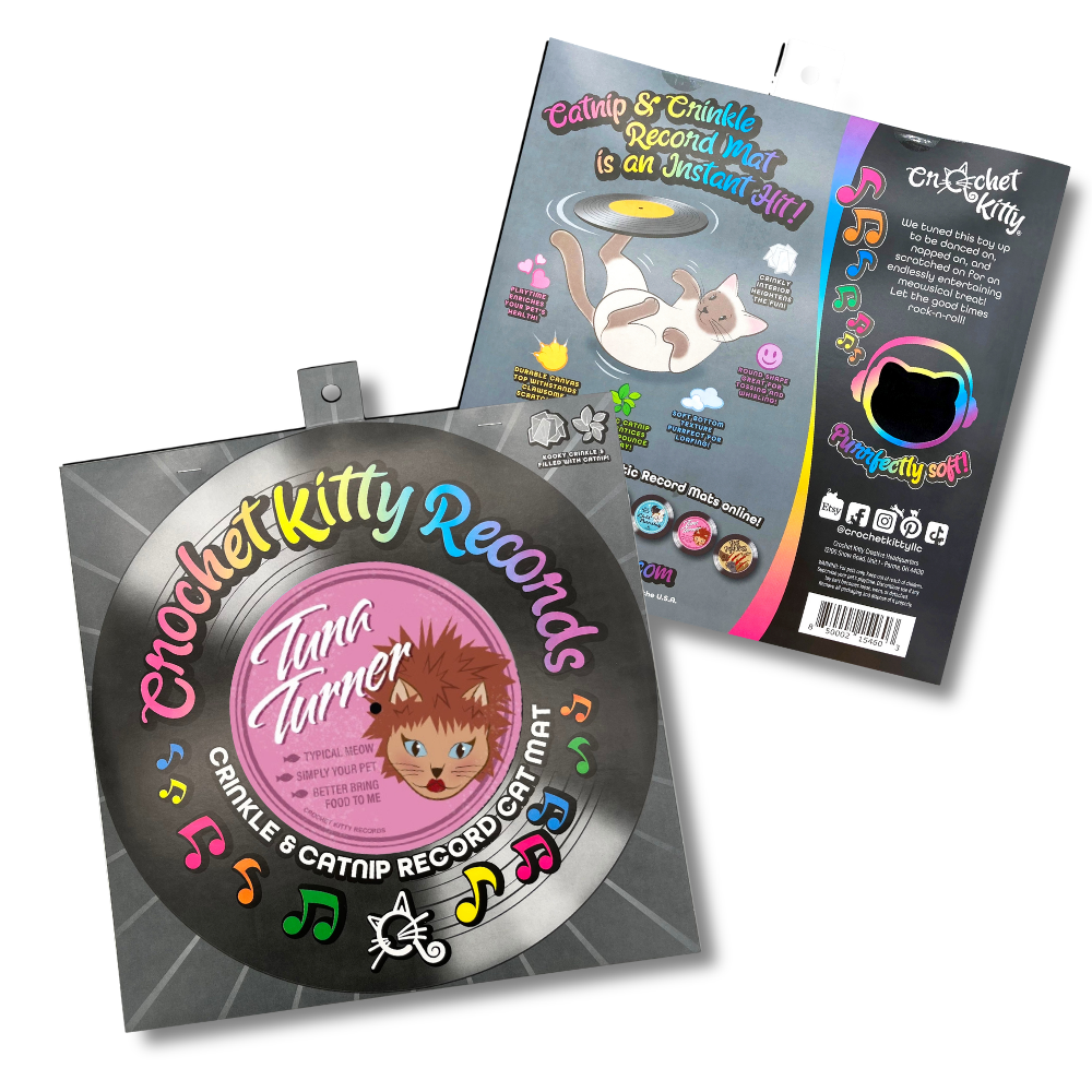 Front and back of the Tuna Turner catnip record mat sleeve, featuring rainbow lettering and colorful music notes.
