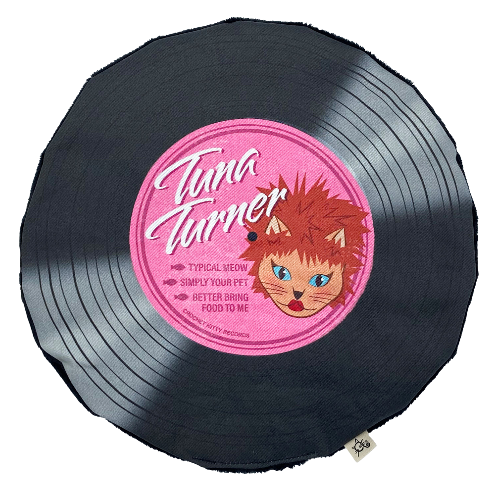 Tuna Turner record-shaped catnip cat toy with black printed grooves and a pink label featuring a cat with spiky hair.