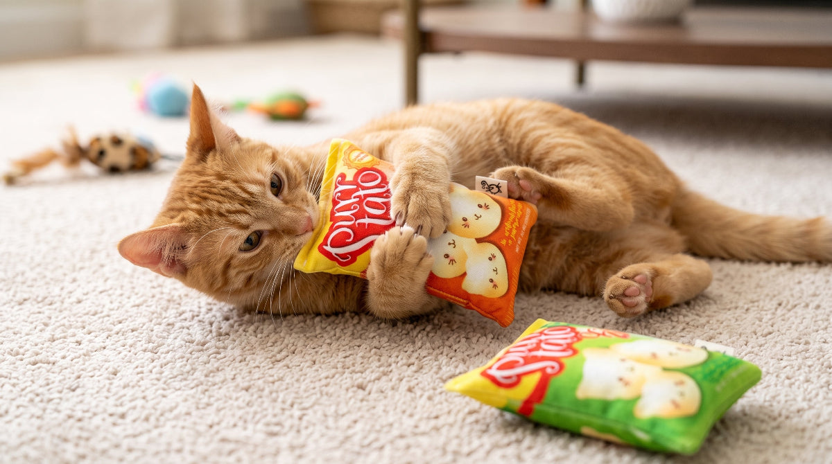 cat playing with the purrtato chips cat toy from crochet kitty