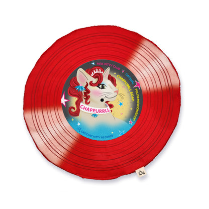 Chappurrll Roan record-shaped catnip cat toy with red printed grooves and a colorful label featuring a curly-haired cat.