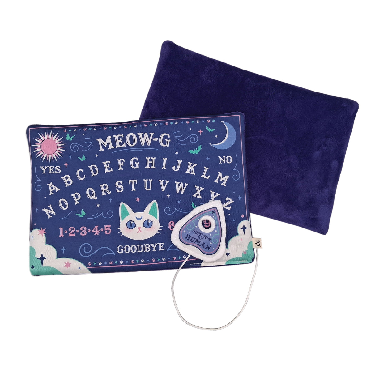 Spirit board with alphabet on the front with a cat and the back of the mat with mink purple fabric.