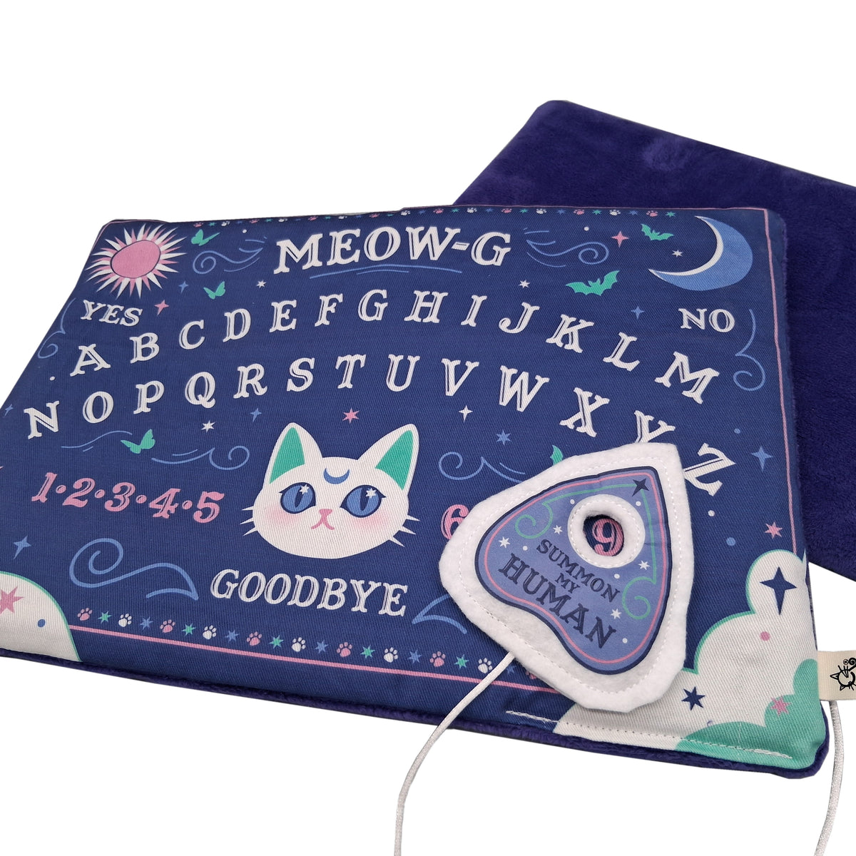 Spirit board cat toy front of the cat mat with the attach planchette with "Summon my Human" on the front of it.