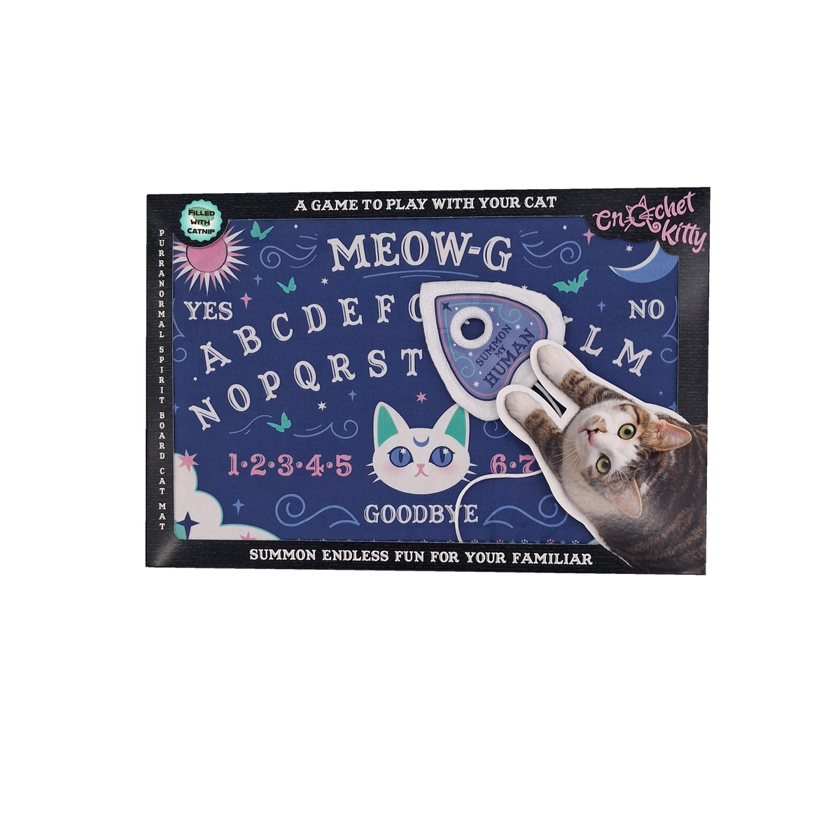 Board game packaging for Meow-G Board cat mat with cat illustrations and text on the box. White background